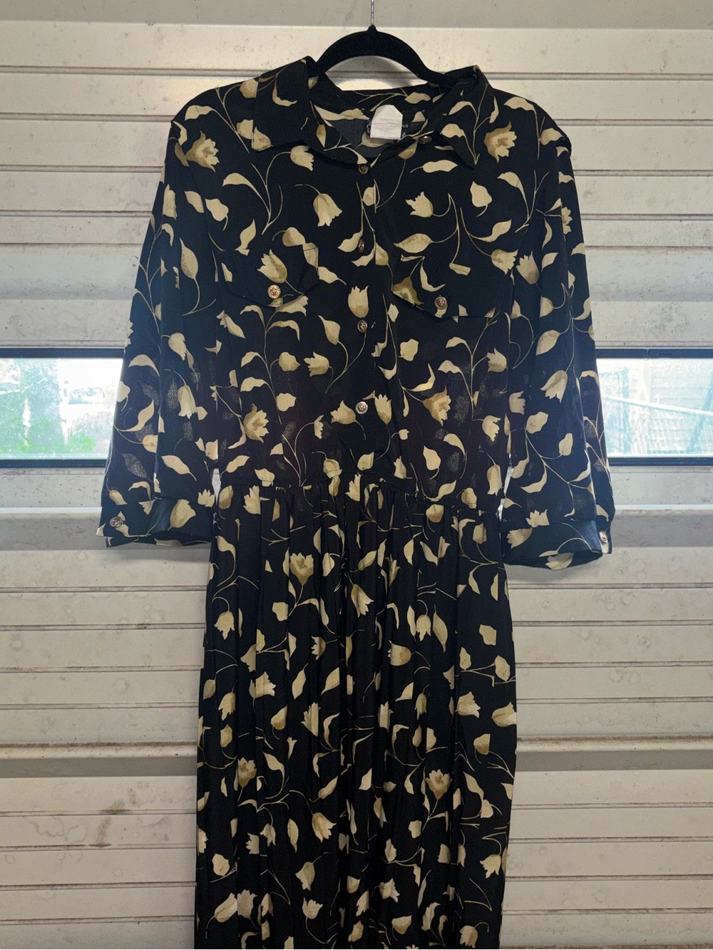 Black and Cream Floral Button-Front Midi Dress
